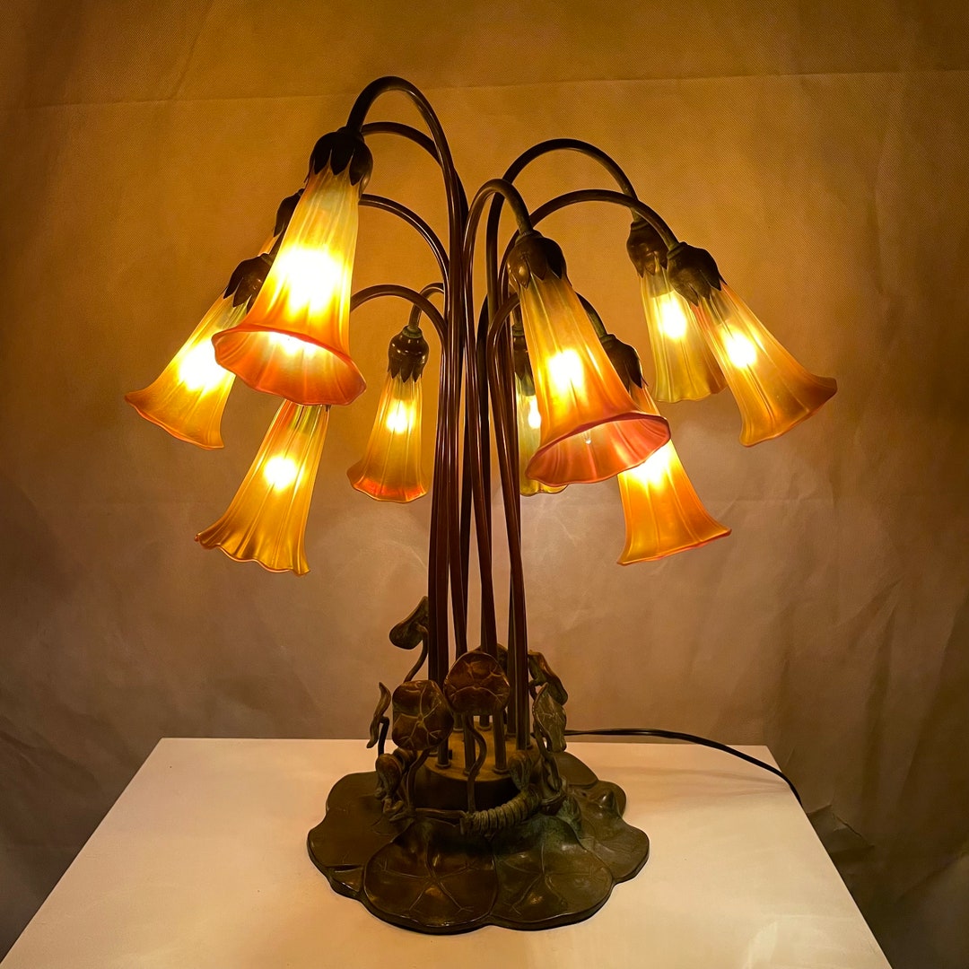 Tiffany Studios Style Patinaed 10 Light Bronze Lily Table Lamp American