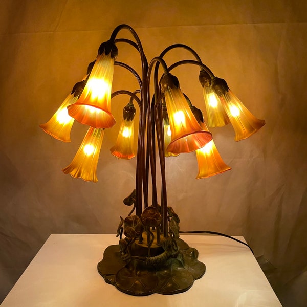 Tiffany Studios Style Patinaed 10 Light Bronze Lily Table Lamp American, circa 1910 Exquisite Reproduction