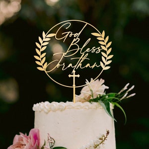 Rustic Baptism Cake Topper - Personalized First Communion Cake Toppers - God bless cake topper - Wreath Christening cake topper