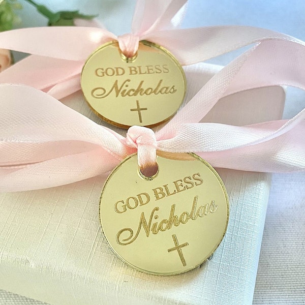 Custom Acrylic Mirror Tags,God Bless Labels, Baptism Favor Tag,Gold Christening Favors, Lettering Name Logo, Personalized Round Mirror Tags