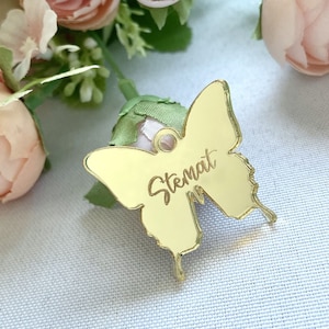 Espejo de mariposa acrílica dorada Etiquetas, Día de San Valentín, Ficha de recepción, Etiqueta de baby shower, Etiqueta de chocolate, Decoración de pastel, Etiqueta de lujo, Etiqueta de regalo