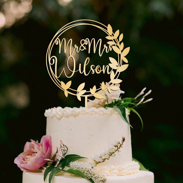 Personalized Couple's Names Wedding Cake Topper,Wedding Cake Topper With Rustic Wreath,Custom Boho Floral Cake Topper,cake topper