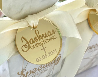 Custom Acrylic Mirror Tags,God Bless Labels, Baptism Favor Tag,Gold Christening Favors, Lettering Name Logo, Personalized Round Mirror Tags