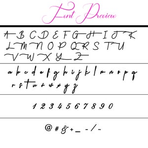 May include: Font preview image showing uppercase and lowercase letters, numbers, and symbols in a handwritten style.