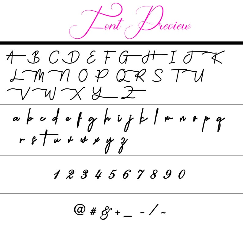 May include: Font preview image showing uppercase and lowercase letters, numbers, and symbols in a handwritten style.