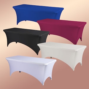 May include: Five tablecloths in different colors: blue, burgundy, black, white, and white. The tablecloths are made of a stretchy fabric and fit snugly over a rectangular table.