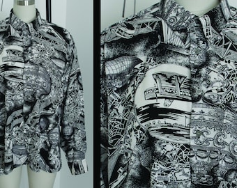 Vintage 80s mens shirt,black and white, buttons down,oxford shirt, size L