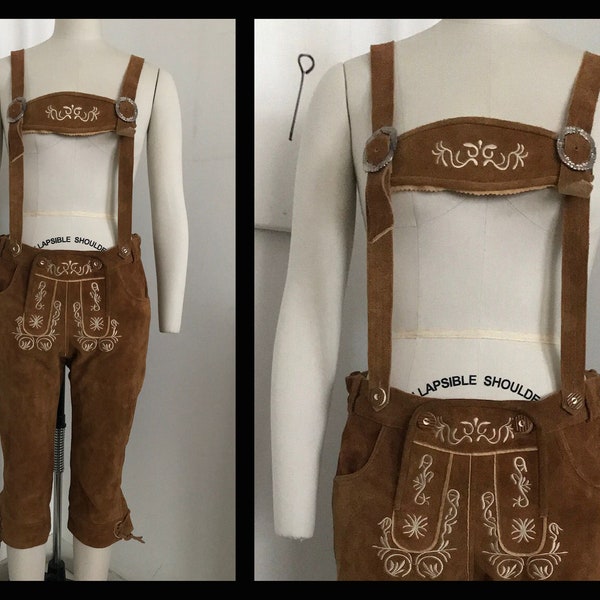 Mens Genuine Leather Bavarian Oktoberfest Lederhosen Beige Trachten with Matching Suspenders