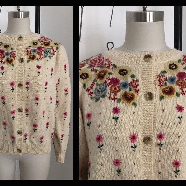 Cardigan vintage des années 80, motif floral, cardigan brodé, taille M