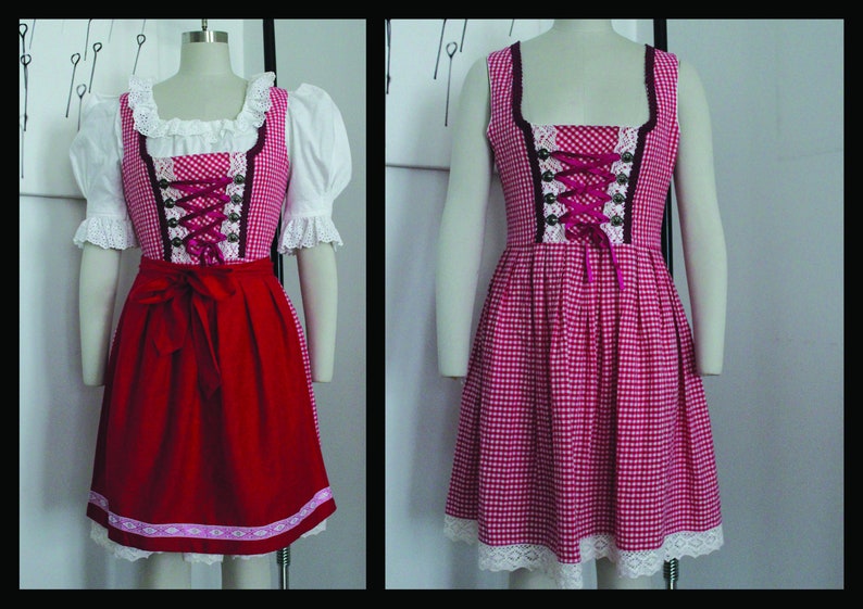 Peut inclure: Une robe de dirndl en vichy rouge et blanc avec une bordure en dentelle blanche et un n&oelig;ud en ruban rouge. La robe est accompagn&eacute;e d'un chemisier blanc &agrave; manches bouffantes et d'un col en dentelle blanche.