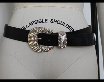 80s Vintage black leather belt ,Rhinestone Buckle Belt,design in Italy