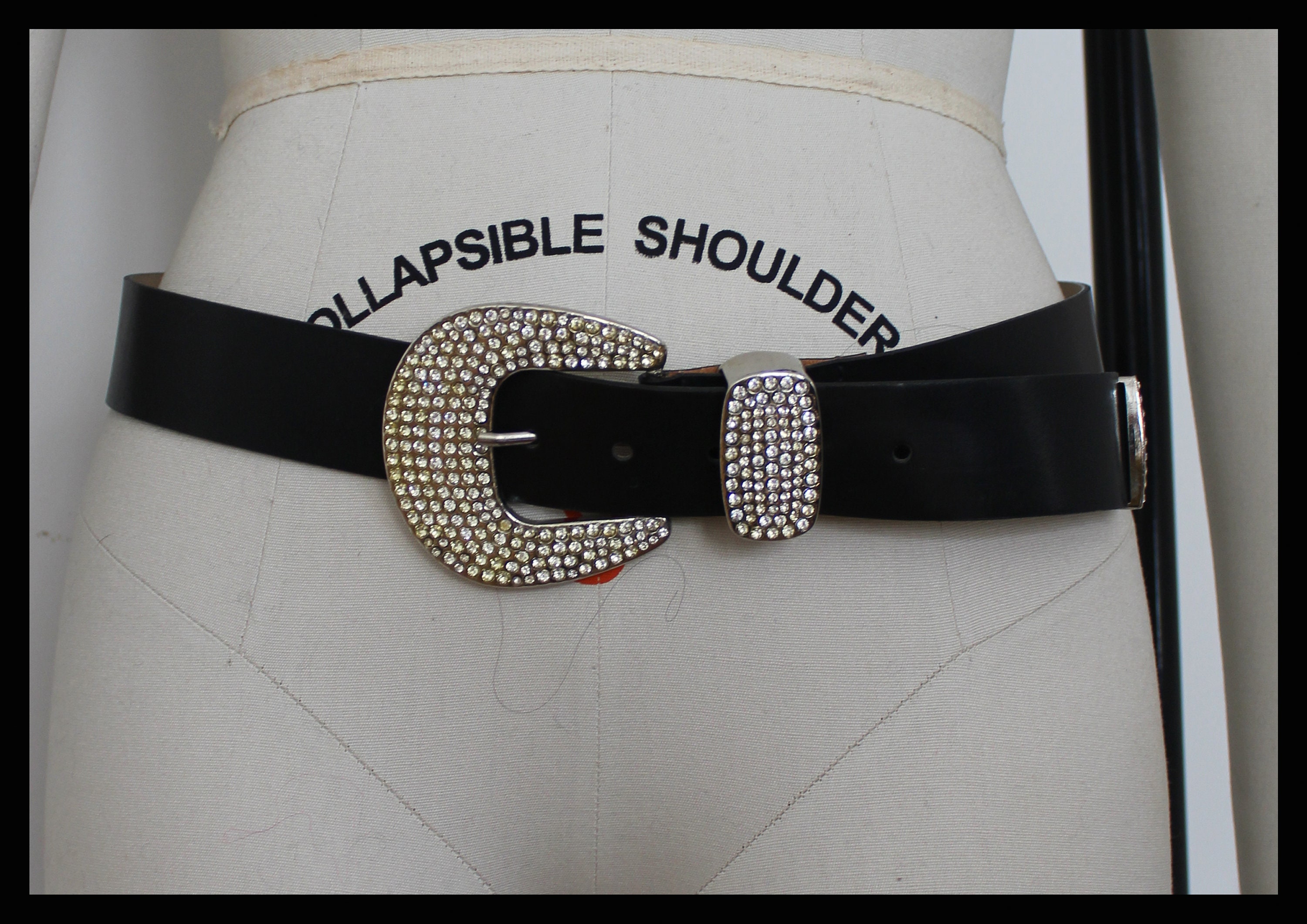 80s Vintage Black Leather Belt ,rhinestone Buckle Belt  display picture 3