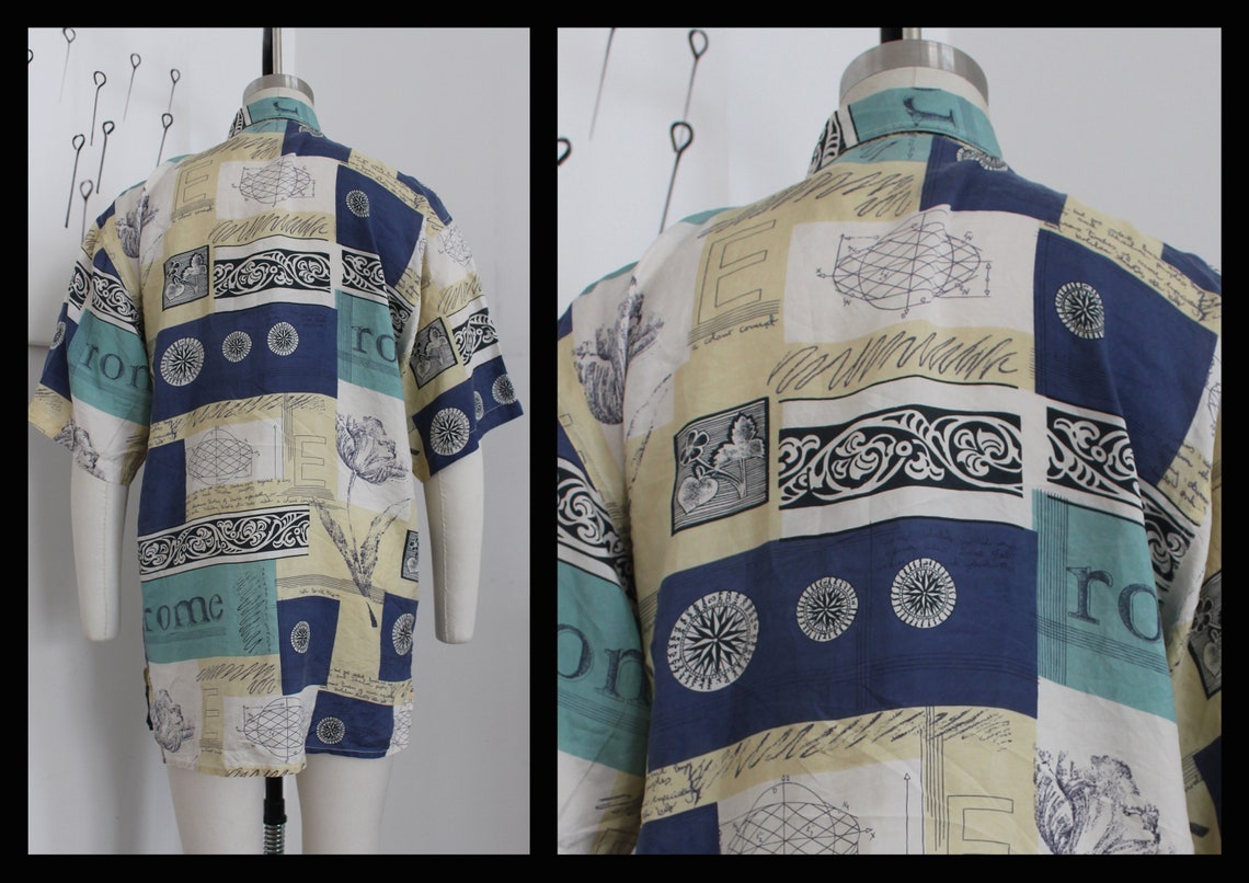 vintage 80s mens silk Buttons down shirt,Hippie Vacation, Hipster,abstract,SizeM,hawaii shirt,summer shirt, short sleeve shirt,, foto 3 di 3