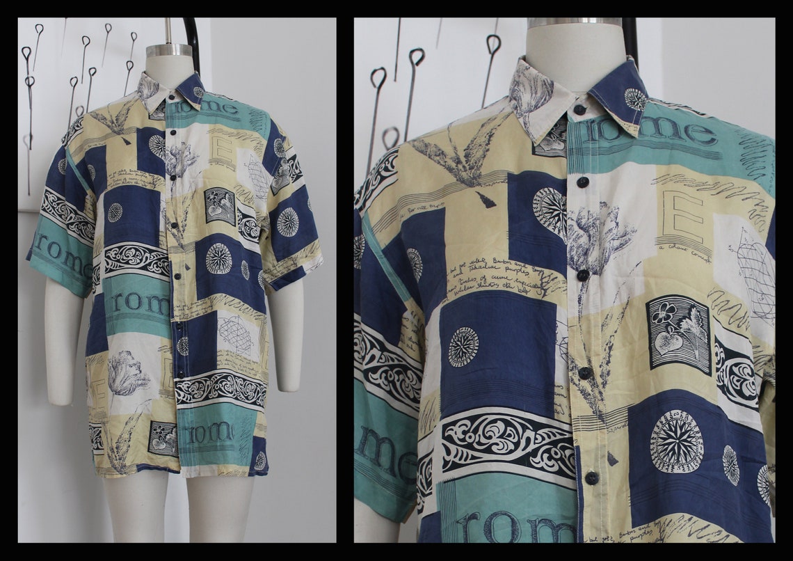 vintage 80s mens silk Buttons down shirt,Hippie Vacation, Hipster,abstract,SizeM,hawaii shirt,summer shirt, short sleeve shirt,, foto 1 di 3