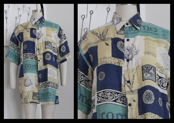 vintage 80s mens silk Buttons down shirt,Hippie Vacation, Hipster,abstract,SizeM,hawaii shirt,summer shirt, short sleeve shirt,