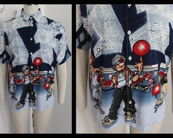 Vintadge 90s mens anime graphic  print shirt,Short Sleeve, Blue,Size m , buttons down,hawaii summer shirt,