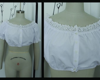 Vintage anni '90 ritagliato Trachten top camicetta, bianco ,taglia 8,size38,top hippie, maniche gonfie,