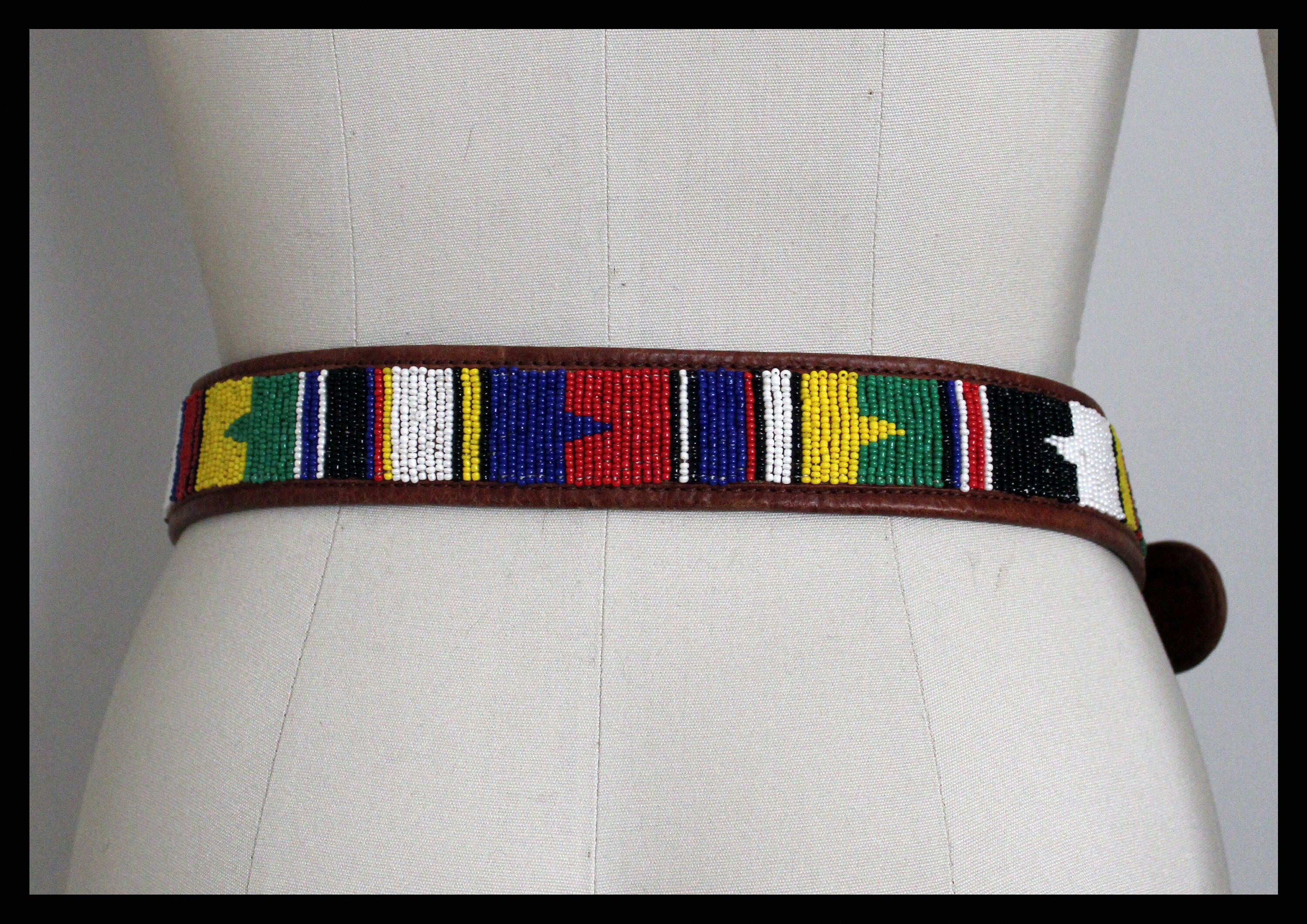 80s Womens Brown Embroidered Leather Belt,boho Style,bead  display picture 1