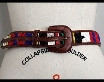 80s womens brown embroidered  leather belt,boho style,bead embroidered belt,boho belt, bohemian folk mexican style  belt,