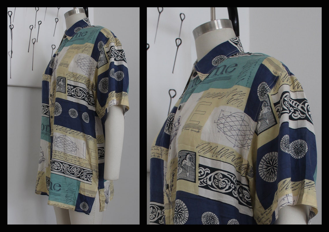 vintage 80s mens silk Buttons down shirt,Hippie Vacation, Hipster,abstract,SizeM,hawaii shirt,summer shirt, short sleeve shirt,, foto 2 di 3