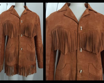 veste en daim vintage, veste de style western à franges, blazer, vêtements d'extérieur en cuir, pardessus, veste marron cognac, veste de style cow-boy, cadeaux, taille M