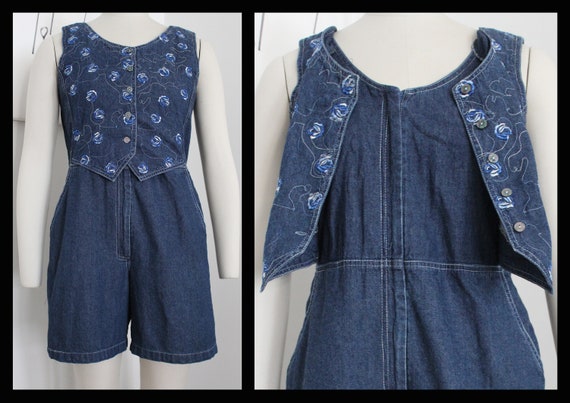 Vintage Denim Summer Shorts Overalls,M, orange,On… - image 1