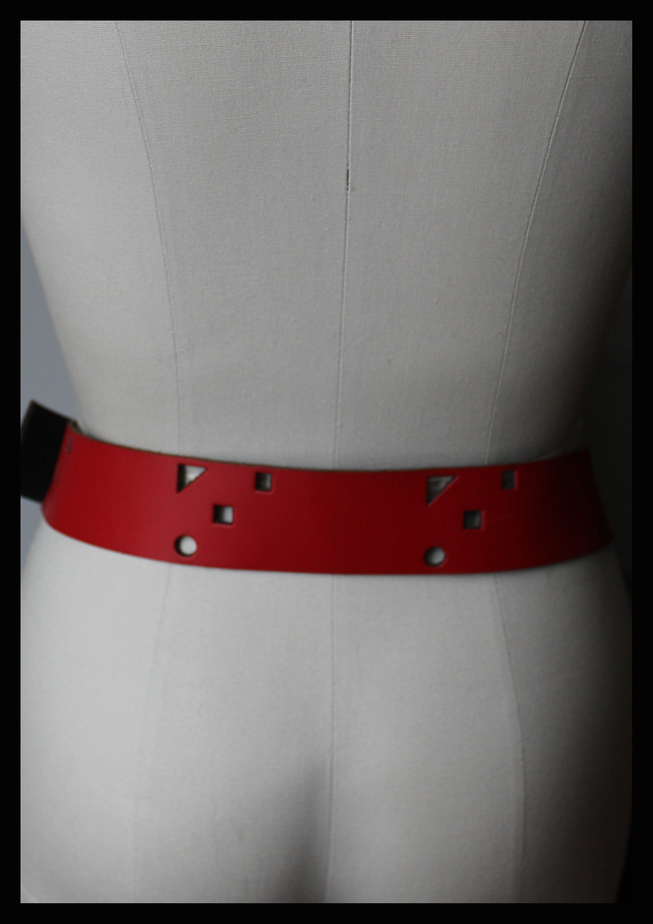 80s Vintage Red Leather Waist Belt - XL Vintage 80s Red Faux Leather Wide Belt: Silver Anchor  main image 3