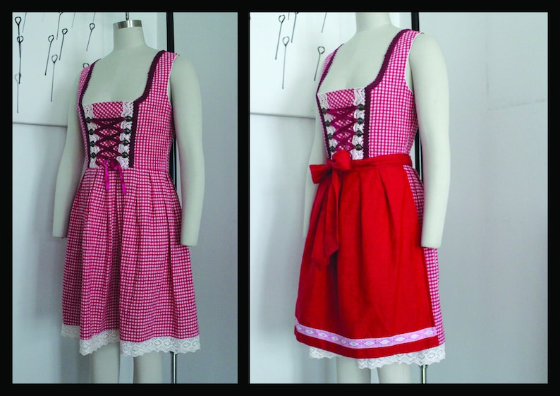 Peut inclure: Une robe de dirndl en vichy rouge et blanc avec un corsage bordeaux et une bordure en dentelle blanche. La robe a un tablier rouge avec une bordure en dentelle blanche et un n&oelig;ud bordeaux.