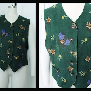 Vintage linen Trachten vest, Dirndl vest, green,edelweiss flower, eu44,us14,linen vest, flower print vest,folk vest,