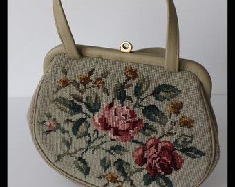 Vintage german embroidered  hand bags, summer crosspoint Embroidered bag,50s or 60s,Leather Frame and Handles,October Fest