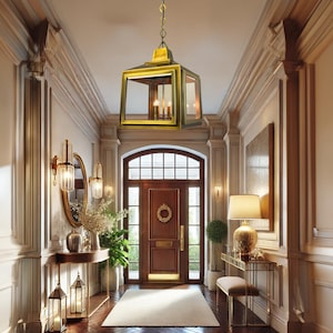 May include: A stylish hallway with a gold lantern pendant light. The space includes a dark wood door, a console table with a mirror, and a rug. The walls are painted in a neutral colour, creating a warm and inviting atmosphere. The overall design is classic and luxurious.