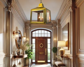May include: An elegant entryway featuring a large, gold-framed lantern pendant light. The space includes a dark wood door, a console table with a mirror, and a rug. The walls are painted in a neutral color, creating a warm and inviting atmosphere.