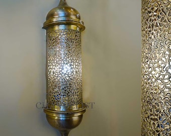 Handmade Moroccan Tall Brass Wall Sconce – Artisan Carved Lamp with Acrylic Insert, Antique Finish