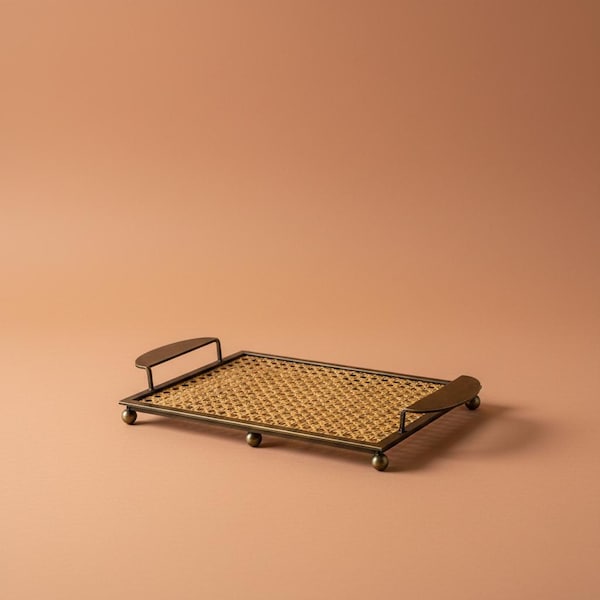 Antique Brass Decorative Tray, Woven Cane Insert, Entryway Organizer, Coffee Table Accent