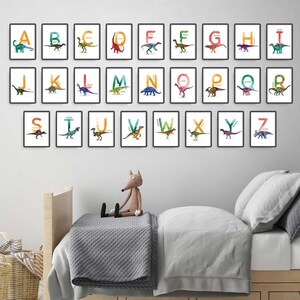 Set of 26 Alphabet Letters, Watercolor Dinosaur Instant download ABC Printable's, Nursery Alphabet Prints, Bedroom Wall Art Illustrations