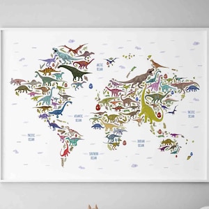 Dinosaurier-Weltkarte druckbare Illustration, horizontale jurassic Welt Poster, Kindergarten Karte Wand-Dekor, Dinosaurier Thema Kindergarten Interior Design
