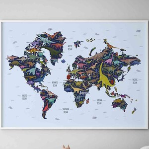 Dinosaurs world map Printable Illustration, Horizontal jurassic world Poster, Nursery map Wall Decor, dinosaur theme nursery Interior design