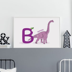 Carta B, Ilustración de dinosaurio brachiosaurus, arte de la pared del dinosaurio del alfabeto, decoración de la habitación de los niños, impresión horizontal del dinosaurio ABC, guardería, imprimible