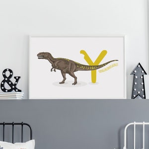Carta Y, Yangchuanosaurus Dinosaur Illustration, Alphabet Dinosaur Wall Art, decoración de la habitación de los niños, impresión horizontal de dinosaurios ABC, impresión de vivero