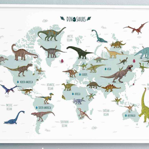 Dinosaur World Map Printable Illustration Horizontal Jurassic Etsy