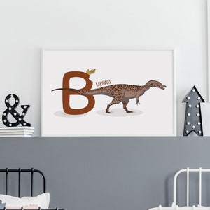 Carta B, Ilustración de dinosaurio Baryonyx, Alfabeto dinosaurio pared arte, decoración de la habitación de los niños, horizontal ABC impresión de dinosaurio, vivero, imprimible