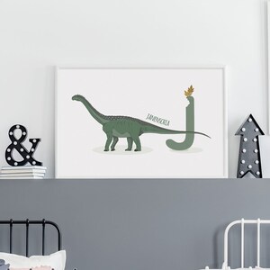 Carta J, Ilustración de dinosaurio Janenschia, Arte de la pared del dinosaurio del alfabeto, decoración de la habitación de los niños, impresión horizontal del dinosaurio ABC, guardería, imprimible