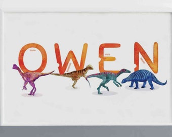Owen Watercolour Dinosaurs Printable, Horizontal Name Poster, Personalised Name Decor, Dinosaur Illustration Boy room Decor, Name Print