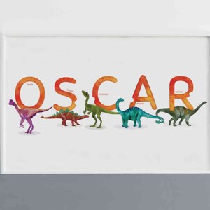 Oscar Watercolour Dinosaurs Printable, Horizontal Name Poster, Personalised Name Decor, Dinosaur Illustration Boy room Decor, Name Print