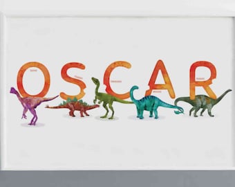 Oscar Watercolour Dinosaurs Printable, Horizontal Name Poster, Personalised Name Decor, Dinosaur Illustration Boy room Decor, Name Print