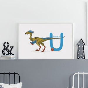 Carta U, Ilustración de dinosaurio de Unenlagia, arte de la pared del dinosaurio del alfabeto, decoración de la habitación de los niños, impresión horizontal del dinosaurio ABC, guardería, imprimible