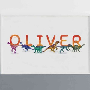 Oliver Watercolour Dinosaurs Printable, Horizontal Name Poster, Personalised Name Decor, Dinosaur Illustration Boy room Decor, Name Print