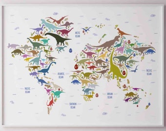 dinosaur world map printable illustration horizontal jurassic etsy
