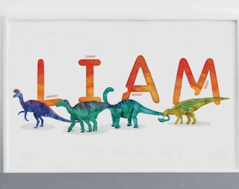 Liam Watercolour Dinosaurs Printable, Horizontal Name Poster, Personalised Name Decor, Dinosaur Illustration Boy room Decor, Name Print