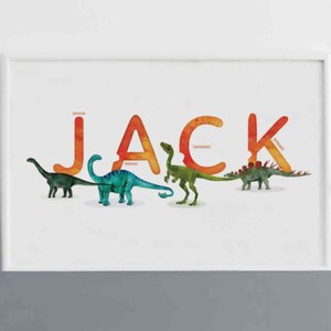 Jack aquarela dinossauros para impressão, pôster de nome horizontal, decoração de nome personalizado, ilustração de dinossauro arte de parede de quarto de menino, impressão de nome